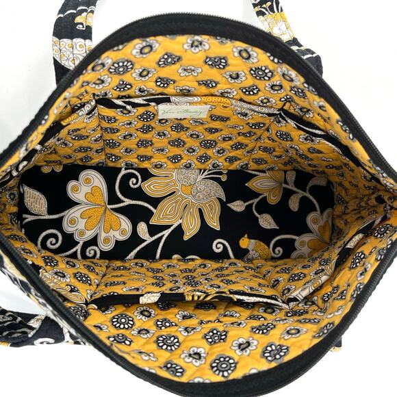 Vera Bradley Tote Shoulder Bag Medium Size Black Yellow Floral Print Pockets - Picture 2 of 8